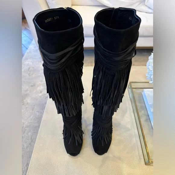 Gucci black suede fringe open top boots with zippered back size 38.5 - Picture 7 of 13